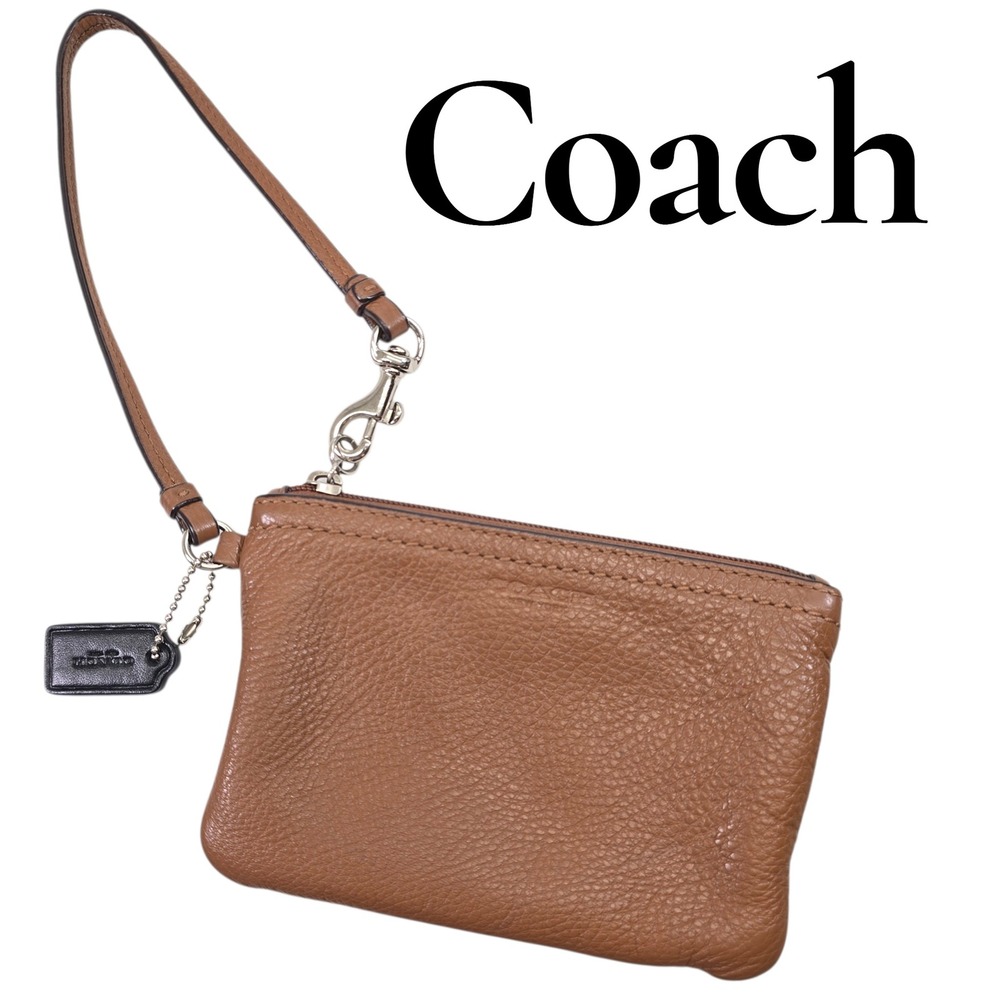 Coach F51763 Pebbled Leather Wristlet Pouch Wallet Saddle Brown Tan